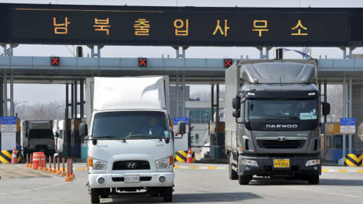 South Korean trucks return back after they were banned access to Kaesong joint industrial park in North Korea.